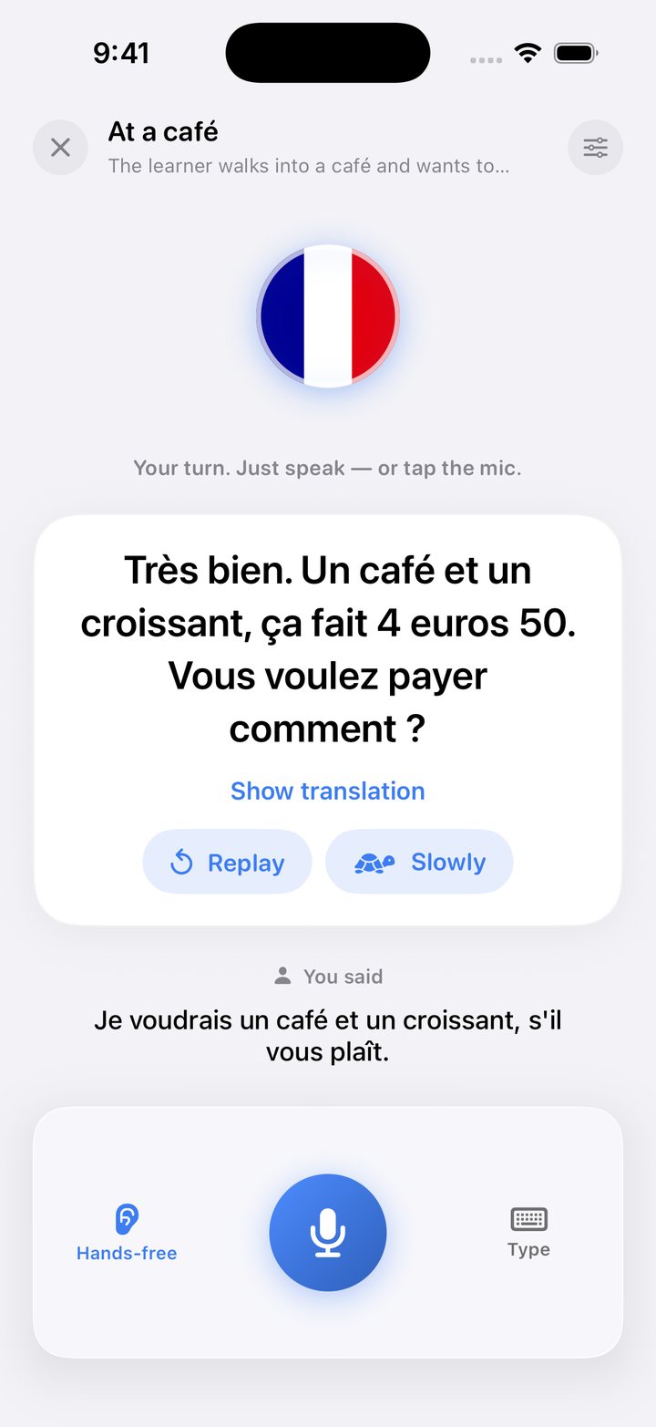A French café conversation with Talvo’s AI tutor, with Replay and Slowly buttons