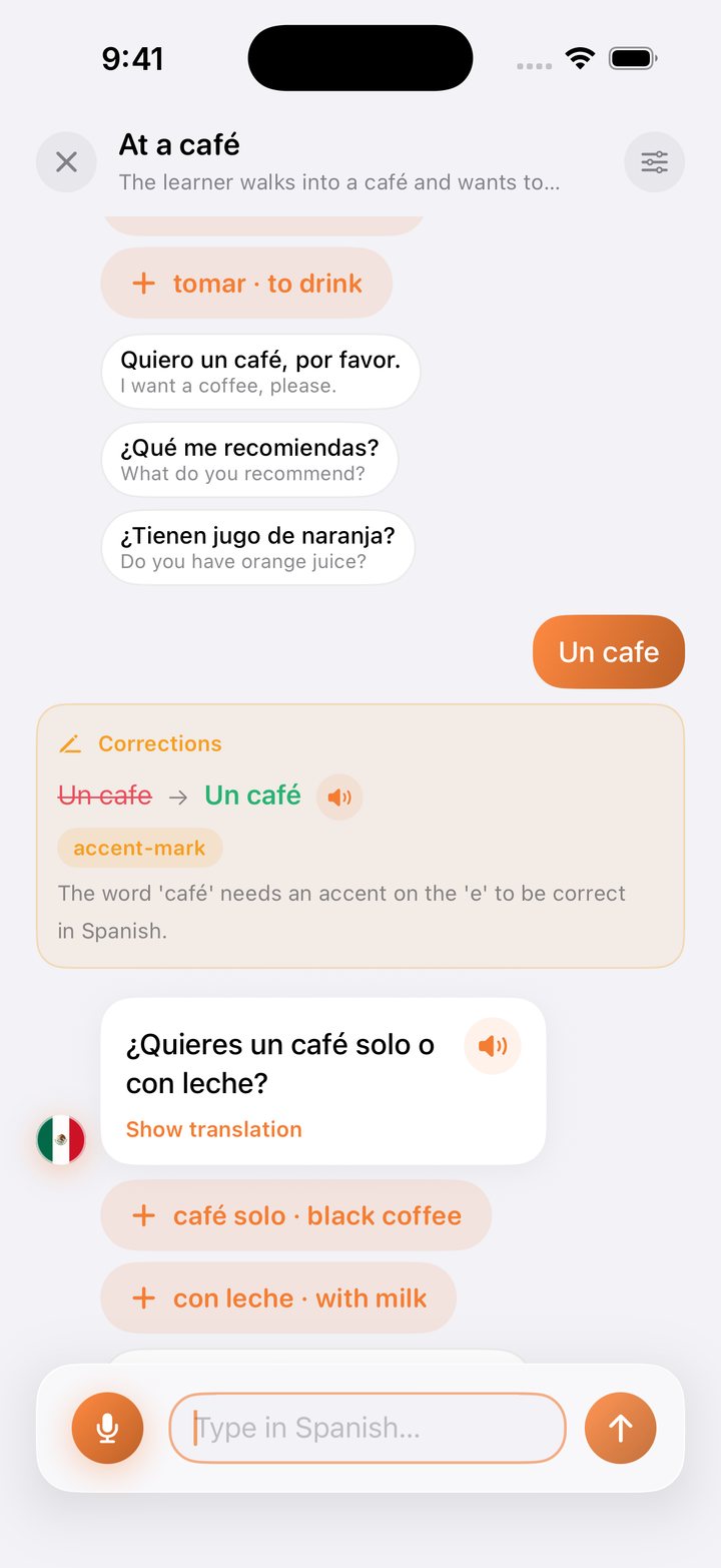 A Spanish café conversation in Talvo with a correction: Un cafe becomes Un café