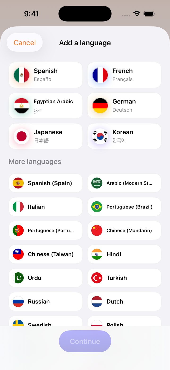 Talvo's language picker, where Italian is one of 27 languages
