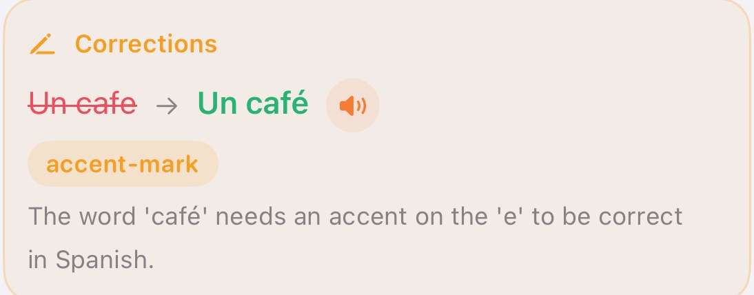 A correction card: Un cafe becomes Un café, because café needs an accent on the e